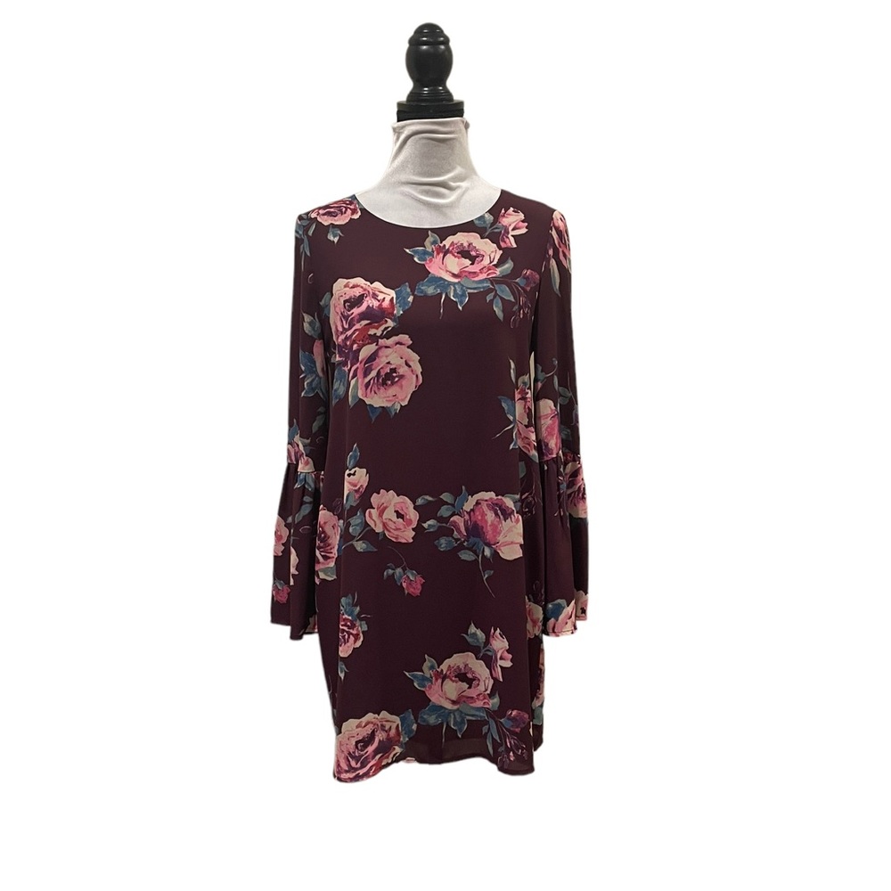 Everly burgundy floral long ruffle cuff sleeve dress size small